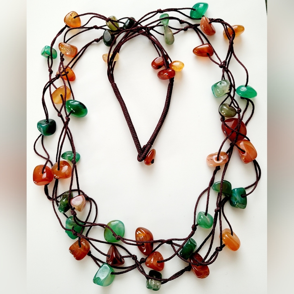 Chunky 28" length 3-strands natural Red & Green Agate gemstone handmade necklace